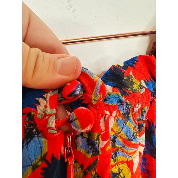 SALONI Red Floral Flame Azalea Olivia Tie-Waist 100% Silk Ruched Ruffles Dress 6 - Picture 6 of 16